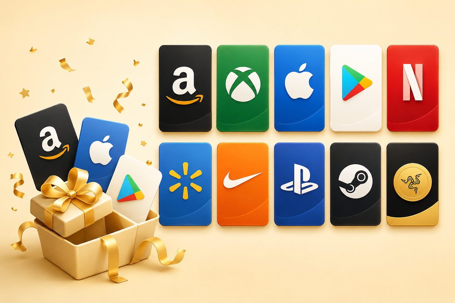 Floating glass gift card stack with checked rate and NGN payout chips